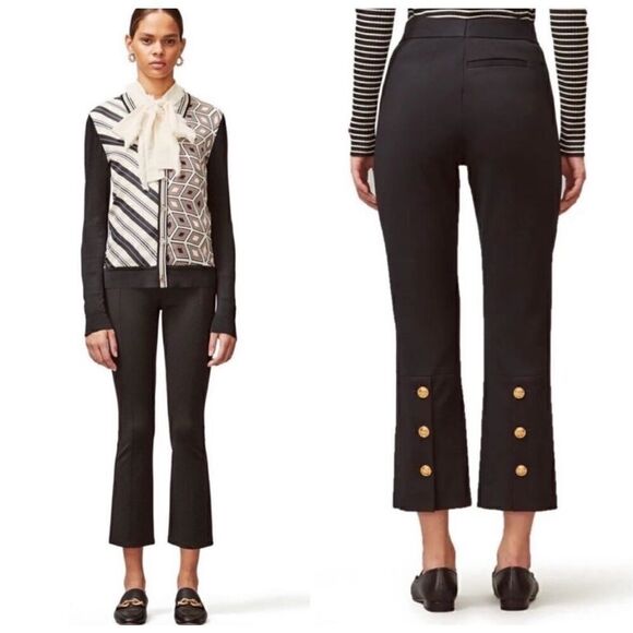 Tory Burch Ponte Flare Cropped Length Pant with Gold Tone Raised Logo Buttons - Picture 14 of 14